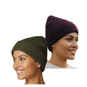 Sustainable Merino Wool Beanie Hat 2 Pack Lrg Warm Winter‎ Olive Green Burgundy